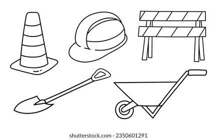 Construction equipment element set of hand drawn outline vector illustrations. Striped cone, Hard hat, Road barrier, Shovel, Wheelbarrow