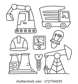 construction equipment and engineering tool hand drawn doodle line design