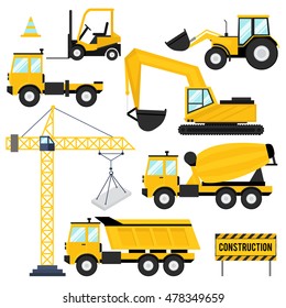 Construction equipment flat icons set with bulldozer, excavator, tractor, concrete mixer, trucks and construction crane. Bright yellow vector icons on white background. Isolated vector illustration