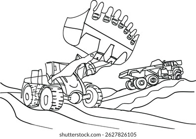 construction equipment in the form of an excavator with a large bucket and a dump truck in the form of a linear drawing as a coloring book