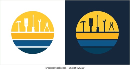 construction equipment hammer,brush,pliers,screwdriver,wrench sunset abstract vector