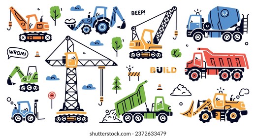 Construction Equipment and Heavy Machines for Industrial Work Vector Set