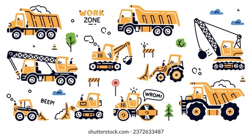 Construction Equipment and Heavy Machines for Industrial Work Vector Set