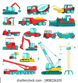 Construction equipment, heavy mining machinery set, vector illustration. Excavator, tractor, dump truck, bulldozer and loader, vehicles. Industry construction machines, transportation.