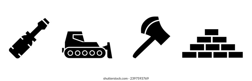 Construction equipment icon collection. An illustration of a black construction equipment icon. Stock vector.