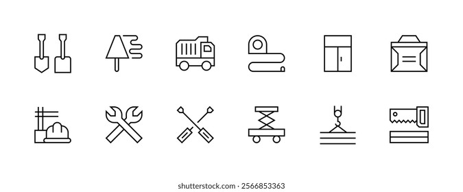 Construction equipment icon collection. Equipment, maintenance, instrument, repair tool, construction tools, labour, renovation and more. Editable stroke. Pixel Perfect. Grid base 32px.