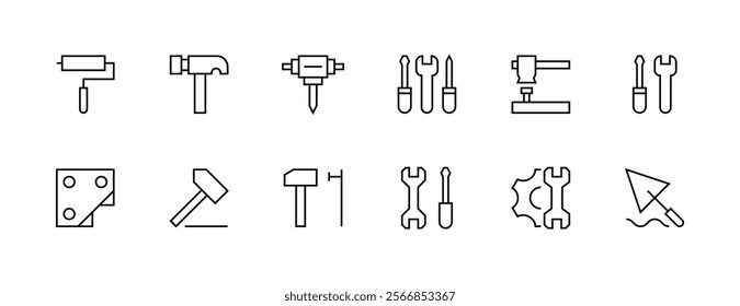 Construction equipment icon collection. Equipment, maintenance, instrument, repair tool, construction tools, labour, renovation and more. Editable stroke. Pixel Perfect. Grid base 32px.