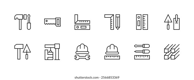 Construction equipment icon collection. Equipment, maintenance, instrument, repair tool, construction tools, measure, renovation and more. Editable stroke. Pixel Perfect. Grid base 32px.