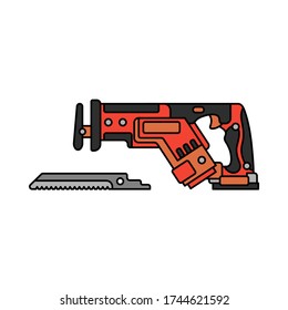 Construction equipment icon. Color isolated labor element of carpenter, locksmith, builder. Professional electric hand tool industrial jigsaw. Repair technology. Vector illustration for web design.