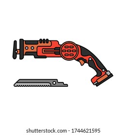Construction equipment icon. Color isolated labor element of carpenter, locksmith, builder. Professional electric hand tool industrial fretsaw. Repair technology. Vector illustration for background.