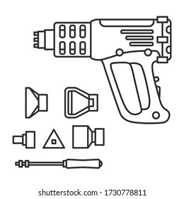 Construction equipment icon. Outline isolated labor element of carpenter, locksmith, builder. Professional electric hand tool industrial dryer. Repair technology. Vector illustration for background.