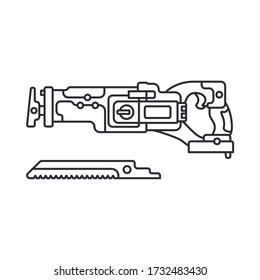 Construction equipment icon. Outline isolated labor element of carpenter, locksmith, builder. Professional electric hand tool industrial jigsaw. Repair technology. Vector illustration for web design.