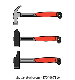 Construction equipment icon set. Color isolated labor element of carpenter, locksmith, builder. Professional industrial hand tools set hammer. Repair technology. Vector illustration for background.