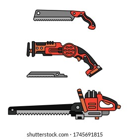 Construction equipment icon set. Color isolated labor element of carpenter, locksmith, builder. Professional electric industrial fretsaw, hand saw. Repair work. Vector illustration for background.