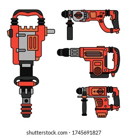 Juego de iconos de equipo de construcción. Color del elemento de trabajo aislado del carpintero, cerrajero, constructor. Perforador profesional de herramienta de mano eléctrica, perforador. Reparar el trabajo. Ilustración vectorial para el fondo.