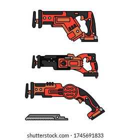 Construction equipment icon set. Color isolated labor element of carpenter, locksmith, builder. Professional electric hand tool industrial fretsaw. Repair work. Vector illustration for background.
