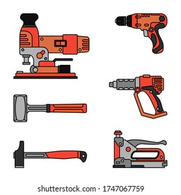 Juego de iconos de equipo de construcción. Elemento de trabajo aislado de color del constructor. Perforador eléctrico y manual profesional, perforador, martillo, grapadora, sierra. Reparar el trabajo. Ilustración vectorial para el diseño web