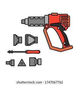 Construction equipment icon set. Color isolated labor element of carpenter, locksmith, builder. Professional electric hand tool industrial dryer. Repair work. Vector illustration for web design.
