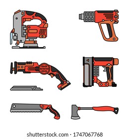 Construction equipment icon set. Color isolated labor element of builder. Professional electric and hand tool dryer, ax, jigsaw, stapler, garden saw. Repair work. Vector illustration for background