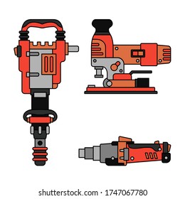 Juego de iconos de equipo de construcción. Elemento de trabajo aislado de color del constructor. Perforador eléctrico y manual profesional, secadora, jackhammer, sierra. Reparar el trabajo. Ilustración vectorial para el diseño web.