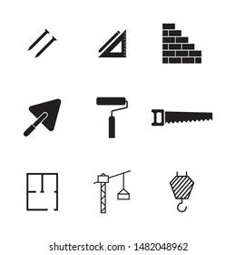 construction equipment icon set. nail, ruler and pen, wall, rod, painting roll, saw, project, crane black and isolated icons vector illustration