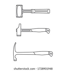 Construction equipment icon set. Outline isolated labor element of carpenter, locksmith, builder. Professional industrial hand tools hammer. Repair technology. Vector illustration icon for web design