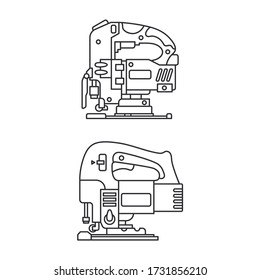 Juego de iconos de equipo de construcción. Esbozar elemento de trabajo aislado del carpintero, cerrajero, constructor. Herramienta de mano eléctrica profesional para sierra vertical. Tecnología de reparación. Ilustración vectorial para el diseño web