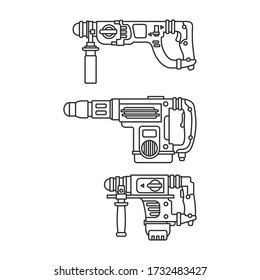 Construction equipment icon set. Outline isolated labor element of carpenter, locksmith, builder. Professional electric hand tool perforator, drill. Repair work. Vector illustration for web design.