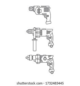 Construction equipment icon set. Outline isolated labor element of carpenter, locksmith, builder. Professional electric hand tool perforator, drill. Repair work. Vector illustration for background.