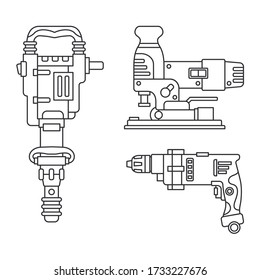 Construction equipment icon set. Outline isolated labor element of builder. Professional electric and hand tool perforator, drill, jackhammer, jigsaw. Repair work. Vector illustration for background.