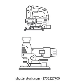 Juego de iconos de equipo de construcción. Esbozar elemento de trabajo aislado del carpintero, cerrajero, constructor. Herramienta de mano eléctrica profesional para sierra vertical. Tecnología de reparación. Ilustración vectorial para el diseño web