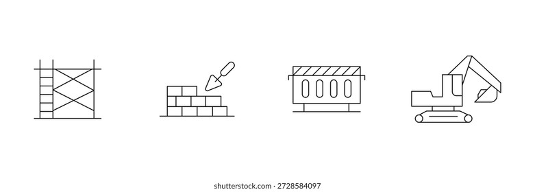 Construction equipment icon set, scaffold tower, brick trowel, dump truck, excavator machine illustration.