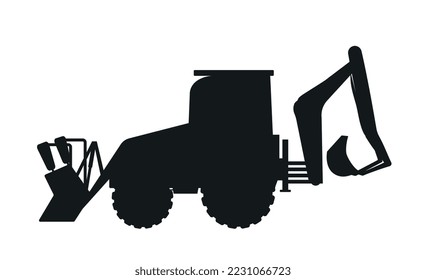 Construction equipment icon. Tractor and bulldozer for harvesting and clearing areas of debris, destruction of old buildings concept. Poster or banner for website. Cartoon flat vector illustration