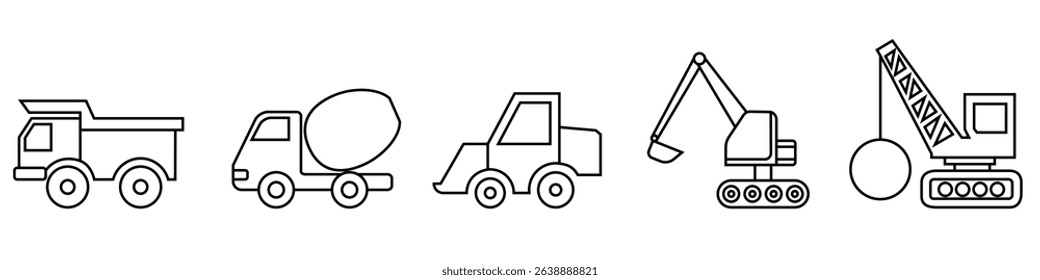 Construction equipment icon vector set. Concrete mixer illustration sign collection. Truck symbol. Excavator web icons. Construction equipment symbols for web and mobile app.