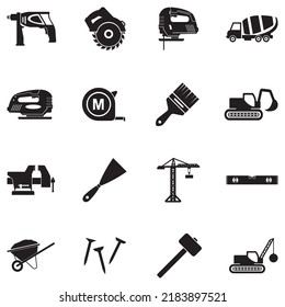 Construction Equipment Icons. Black Flat Design. Vector Illustration.