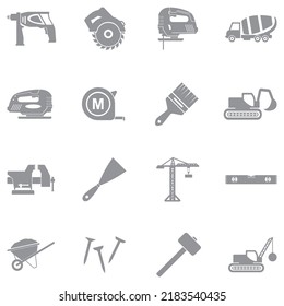 Construction Equipment Icons. Gray Flat Design. Vector Illustration.