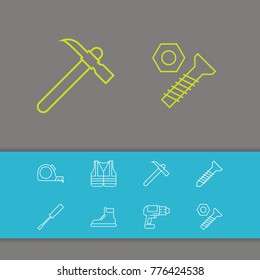 Construction equipment icons set with hammer, meter measure and screw elements. Set of construction equipment icons and screw concept. Editable vector elements for logo web mobile app UI design.