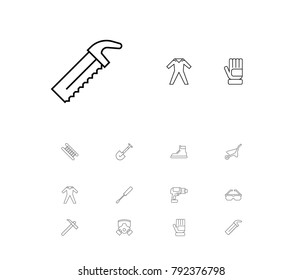 Construction equipment icons set with hammer, ppe and drill elements. Set of construction equipment icons and footwear concept. Editable vector elements for logo app UI design.