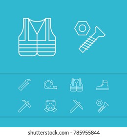 Construction equipment icons set with meter measure, pickaxe and respirator elements. Set of construction equipment icons and gas mask concept. Editable vector elements for logo app UI design.
