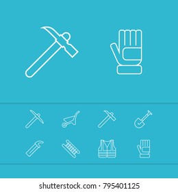 Construction equipment icons set with saw, glove and vest elements. Set of construction equipment icons and staircase concept. Editable vector elements for logo app UI design.