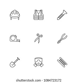 Construction equipment icons set with scissor, helmet and shovel elements. Set of construction equipment icons and staircase concept. Editable vector elements for logo app UI design.