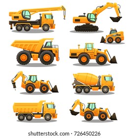 Construction equipment - isolated vector illustrations set on white background.