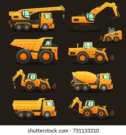Construction equipment - isolated vector illustrations set on dark background.