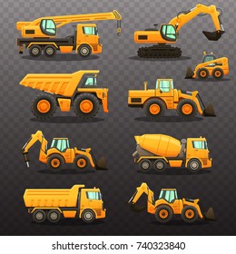 Construction equipment - isolated vector illustrations set on transparent background.