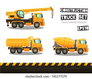 Construction equipment - isolated vector illustrations set of dump truck, crane and concrete mixer on dark background.