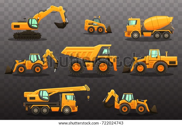 Construction equipment - isolated vector\
illustrations set on dark transparent\
background.