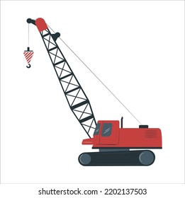 Construction equipment large machine. Special machines. Building work. Forklifts cranes excavators. Crane view from side isolated on white background. Construction vehicle vector mockup, easy editing