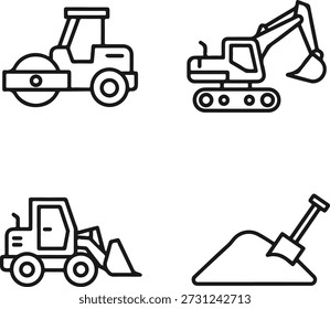 Equipamento de construção linha arte rolo escavadora carregadora e pá