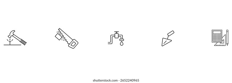 Construction equipment line icon set with hammer saw faucet trowel tools and calculator in minimal vector illustration style.
