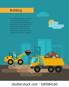 Construction equipment. Loader, dump truck.  Vector flat illustration